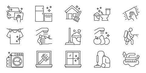 Fototapeta premium Modern Outline Icons Collection for Comprehensive Home Cleaning, Domestic Chores, Sanitation, and Maintenance Services – Essential Graphic Elements for Daily Tasks