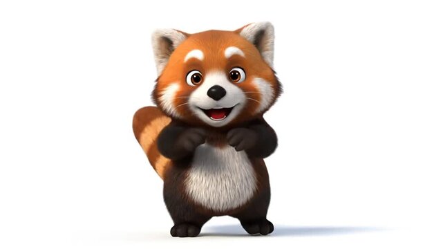 Animated red panda cartoon character waving on white background