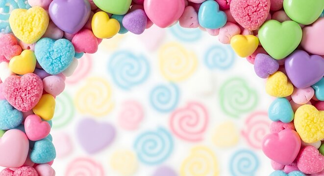 Colorful Candy Border with Heart-Shaped Sweets and Swirls