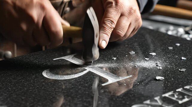 Close up of artisan hands carving letter J into black granite headstone with hammer and chisel creating stone dust