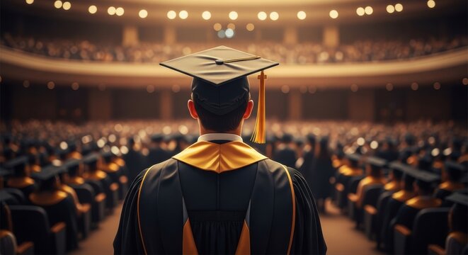 Graduate Speaker Looking Out at Audience in Graduation Hall