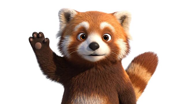 Animated red panda character waving hand isolated on white background