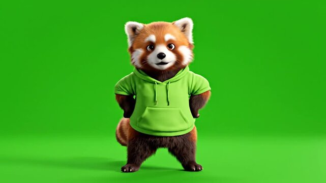 Animated red panda mascot wearing green hoodie on green background
