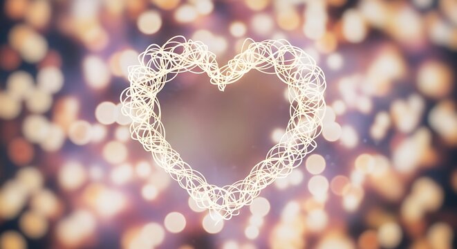 3D wireframe heart shape glowing with bokeh lights romantic background love concept