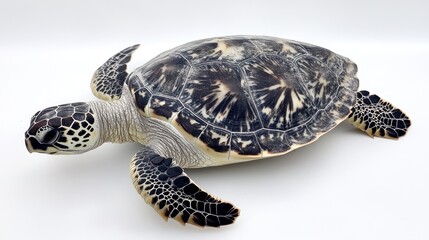 Captivating portrait of a green sea turtle, highlighting its distinctive patterned shell and graceful form, isolated on a clean white studio background