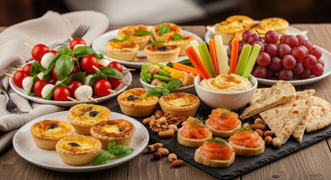 A table with a variety of appetizers and snacks, including quiches, vegetables, and crackers.