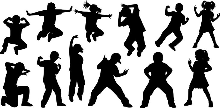 Children dancing street dance silhouette vector illustration. Hip hop, break dance, juzz funk, rap, freestyle