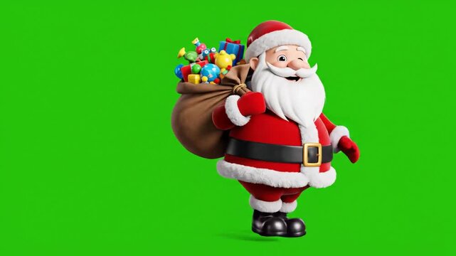 Animated santa claus character carrying gifts on green screen background