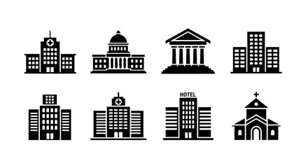Obraz premium Collection of black architectural building icons representing city skyline silhouettes.
