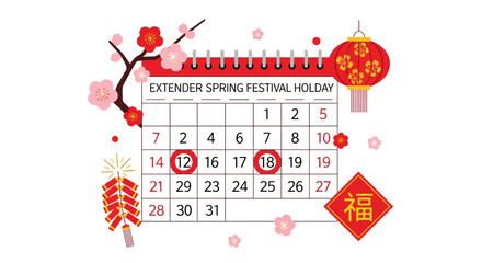 Illustration of a calendar page for the extended Chinese Spring Festival holiday with a dragon, lantern, and cherry blossoms on a white background.