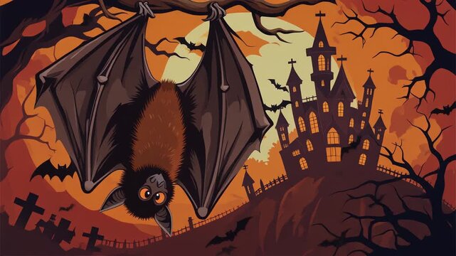 Spooky Halloween Night with Bats and Haunted Castle Illustration Animated