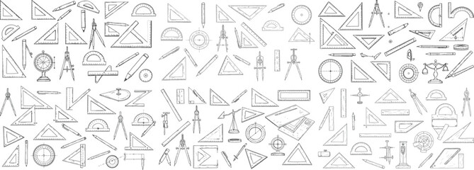 Obraz premium A diverse collection of geometric tools and drawing instruments in monochrome, showcasing precision and creativity.