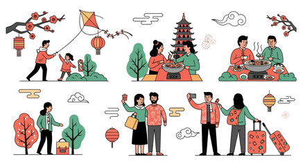 Illustrations of people celebrating spring festival with dragon, lanterns, and tanglung in China, featuring women and men in various activities.