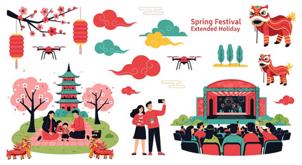 Illustrations of people celebrating Spring Festival with dragon dance, lanterns, and traditional Chinese architecture, showcasing a vibrant and festive atmosphere with a mix of cultural
