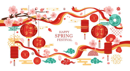 Illustration of a vibrant Spring Festival celebration with red lanterns, cherry blossoms, and a dragon, set against a white background with a joyful mood.