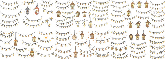 A festive collection of decorative lanterns and string lights in various styles and colors, perfect for celebrations.