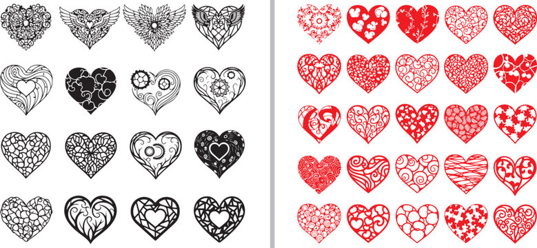 Intricate collection of decorative heart vectors in black and red, featuring zentangle, floral, lace, and patterned filigree designs perfect for Valentine's Day and ornate crafts.