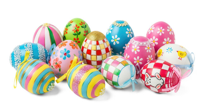 A colorful collection of Easter eggs with various patterns and designs.