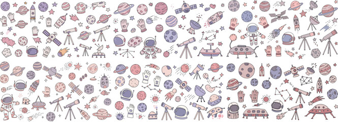 A playful illustration featuring space-themed doodles, including planets, telescopes, and astronauts.