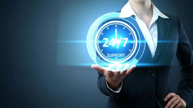 Business professional presents a 24/7 support service icon, symbolizing constant customer assistance and availability always.