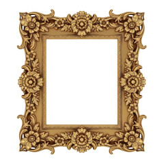 Gold ornate vintage picture frame with floral carvings isolated on transparent background