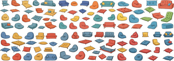 A vibrant collection of colorful furniture illustrations, featuring various sofas, cushions, and bean bags.