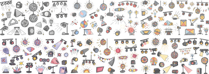 A vibrant collection of colorful party icons, including disco balls, lights, and decorations.