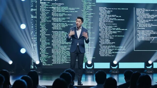 Charismatic Asian Man Gives Tech Presentation on Stage with Digital Code Background and Spotlight Lighting