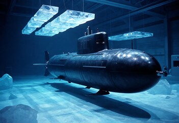 Obraz premium Fleet of military submarines docked inside a frozen naval base, symbolizing maritime power, stealth technology, national defense, and Pearl Harbor Remembrance Day in an arctic setting.