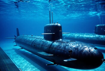 Obraz premium Fleet of military submarines docked inside a frozen naval base, symbolizing maritime power, stealth technology, national defense, and Pearl Harbor Remembrance Day in an arctic setting.