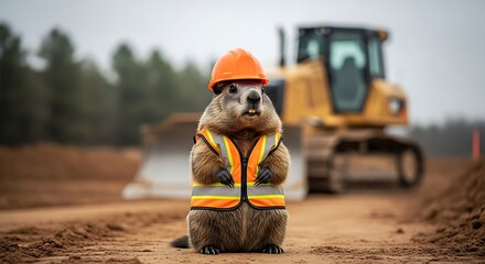 Groundhog day celebration on construction site with minimal background