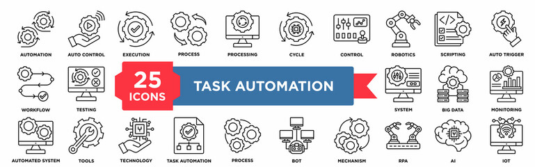 25 line icons about task automation including automation,robotic,auto trigger,iot,rpa perfect for reports, presentations, and corporate project