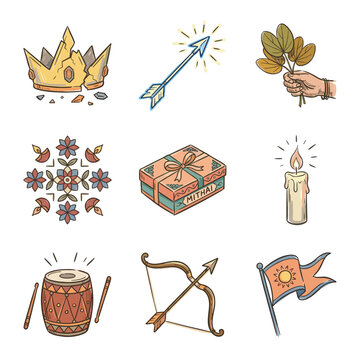 Hand drawn dussehra vector icons including broken crown arrow apta leaves gift box diya drum and flag for indian festival vijayadashami celebration design elements
