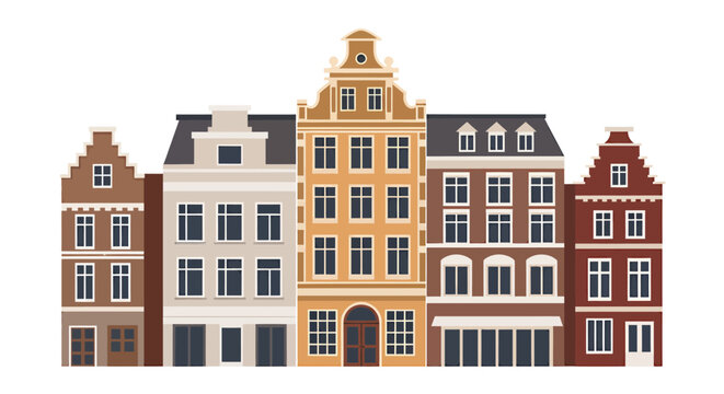Colorful row of European townhouses along a quiet street in a historic district with varied facades.