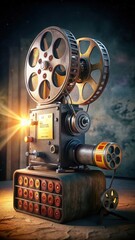 Obraz premium Vintage movie projector film roll display with classic stamps collection