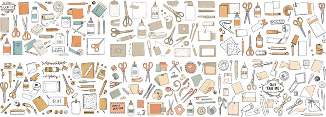 Art supplies and crafting tools arranged in a colorful, creative layout