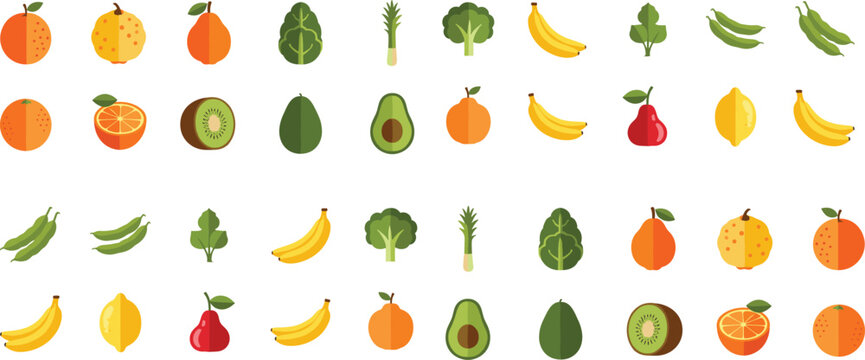 Fresh fruit and vegetable flat icon set vector illustration with healthy organic food collection elements