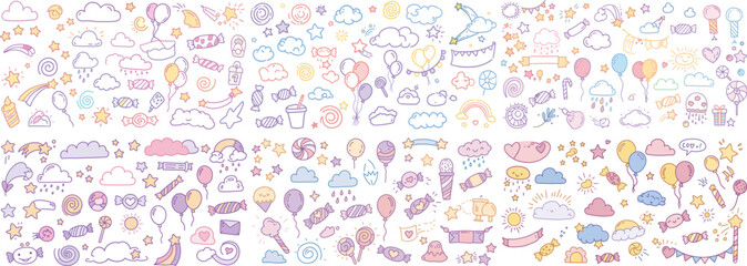 Naklejka premium Colorful and playful doodles featuring balloons, candies, and whimsical clouds in pastel shades.