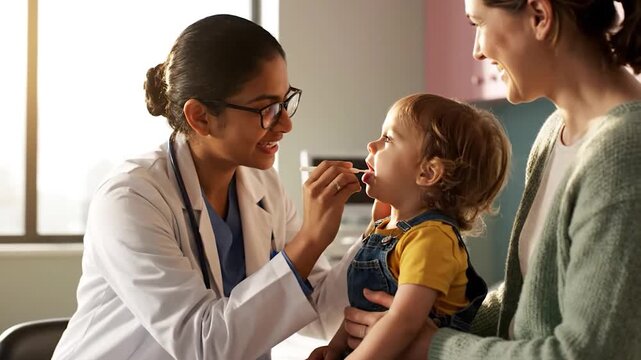 Pediatrician examines a young childs throat during a medical checkup with mother present.