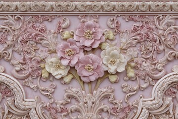 Obraz premium Elaborate three dimensional floral relief carving adorns an ornate architectural panel