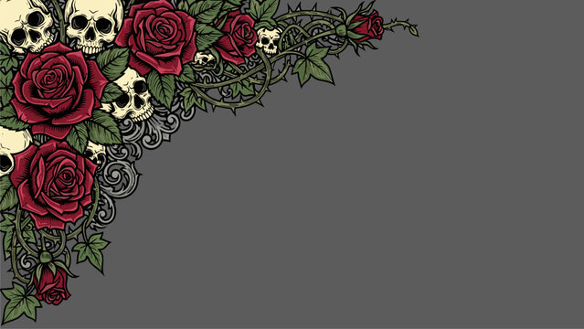 Dark Gothic Corner Border with Skulls, Red Roses, and Thorny Vines