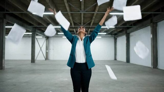 Woman with papers smiles in empty warehouse.