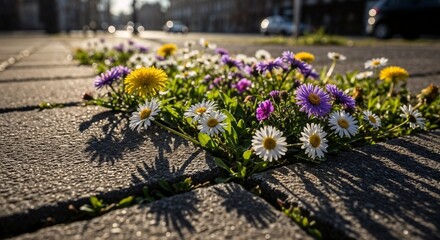 Obraz premium A striking contrast between raw concrete and delicate plant life reveals resilience, renewal, and unexpected beauty thriving within structured urban environments.