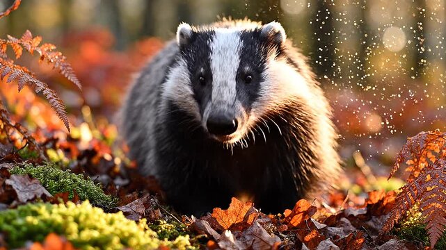 Enchanting Encounter: A European Badger Foraging Amidst the Autumnal Splendor of Nature