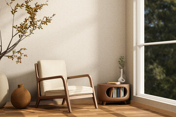 Wooden armchair and table aside tree branch in vase on parquet floor aside window in white wall room © bongkarn