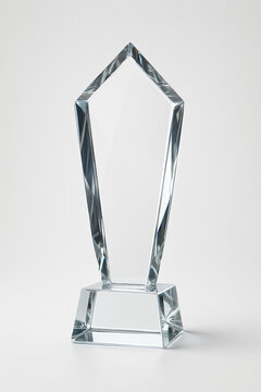 Crystal trophy award with transparent glass texture, sharp edges, reflective surface, isolated on clean background, premium achievement symbol