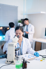 Obraz premium Woman scientist researcher using microscope looking at test sample and working with colleague in lab