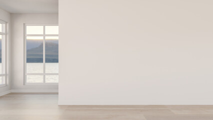 Fototapeta premium Empty room with wood parquet floor corridor and window with river view on white wall in modern house
