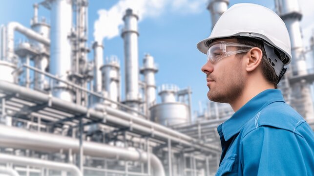Represent the face of industrial excellence: a side profile of a young chemical engineer in a hard hat and safety glasses overlooking a complex refinery, perfect for energy, manufacturing