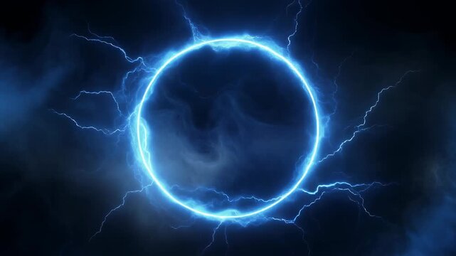 An electric blue glowing circle emitting crackling lightning energy and swirling mysterious